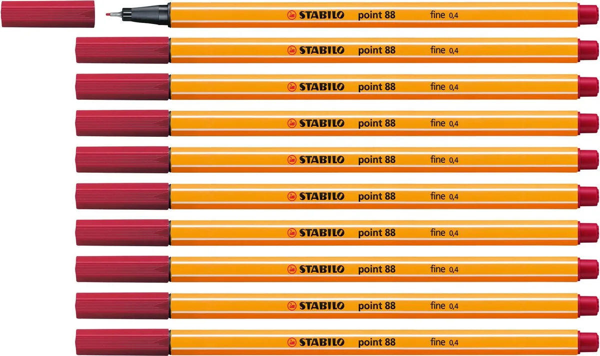 point 88 - Premium Fineliner - Fine 0,4 mm – Doos 10 stuks van Stabilo in Crimson rood – productfoto