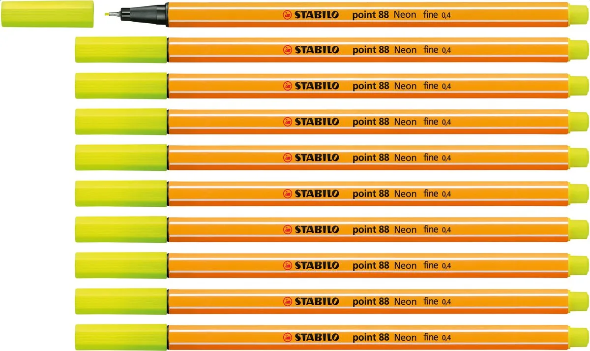 point 88 - Premium Fineliner - Fine 0,4 mm – Doos 10 stuks från Stabilo i Neon geel – produktbild
