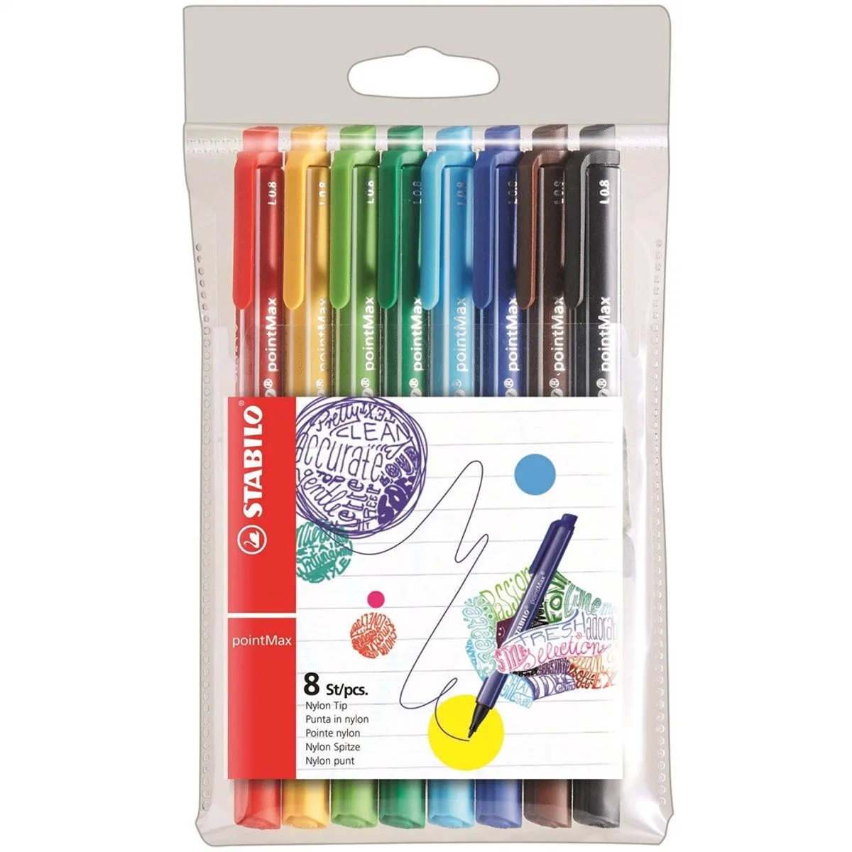pointMax - Hardtip Fineliner - Large 0,8 mm - Nylon Punt - Etui Met 8 Kleuren de Stabilo en 8 verschillende kleuren – photo produit