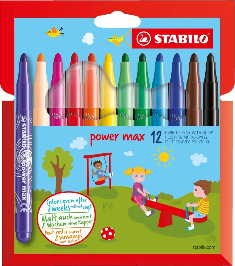 power max - Viltstift - Met Extra Dikke Punt 3,0 mm - Etui Met 12 Kleuren de Stabilo en 12 verschillende kleuren – photo produit