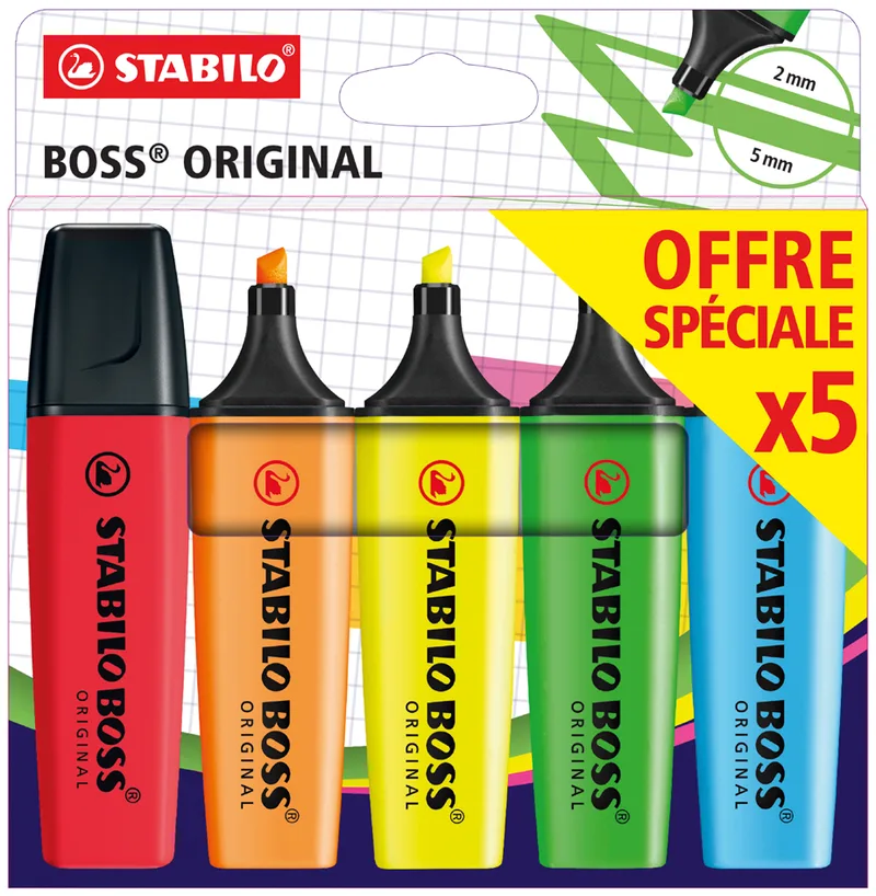 Textmarker BOSS ORIGINAL, 5er Kartonetui von Stabilo – Produktfoto