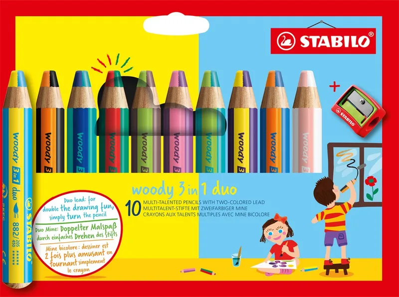 woody 3 in 1 duo - Multi Talent Kleurpotloden - Etui Met 10 Kleuren & Puntenslijper von Stabilo in Mehrfarbig – Produktfoto