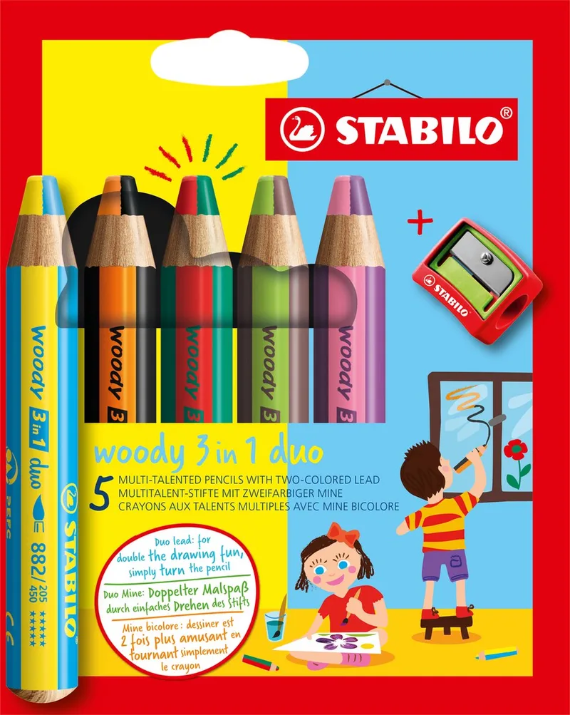 woody 3 in 1 duo - Multi Talent Kleurpotloden - Etui Met 5 Kleuren & Puntenslijper von Stabilo in Mehrfarbig – Produktfoto