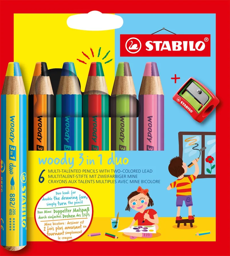 woody 3 in 1 duo - Multi Talent Kleurpotloden - Etui Met 6 Kleuren & Puntenslijper von Stabilo in Mehrfarbig – Produktfoto
