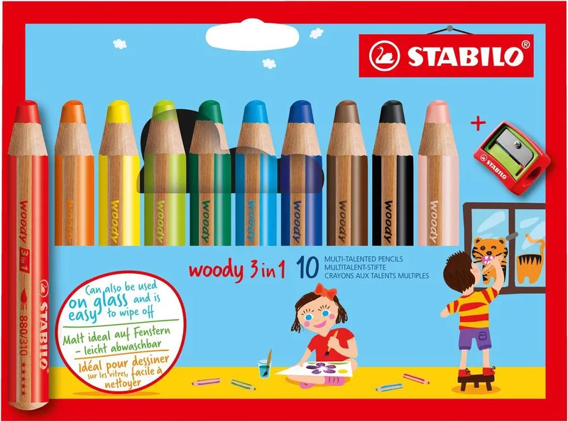 woody 3 in 1 - Multi Talent Kleurpotloden - Etui Met 10 Kleuren + Puntenslijper by Stabilo in Multicolor + Puntenslijper – product photo