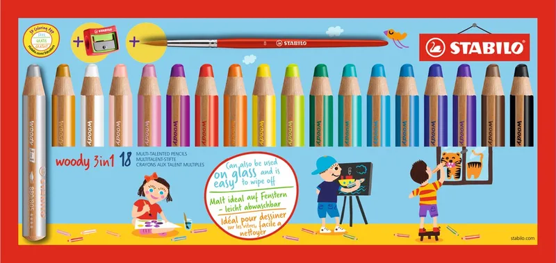 woody 3 in 1 - Multi Talent Kleurpotloden - Etui Met 18 Kleuren, Puntenslijper & Penseel by Stabilo in Multicolor + Puntenslijper & Pensel – product photo