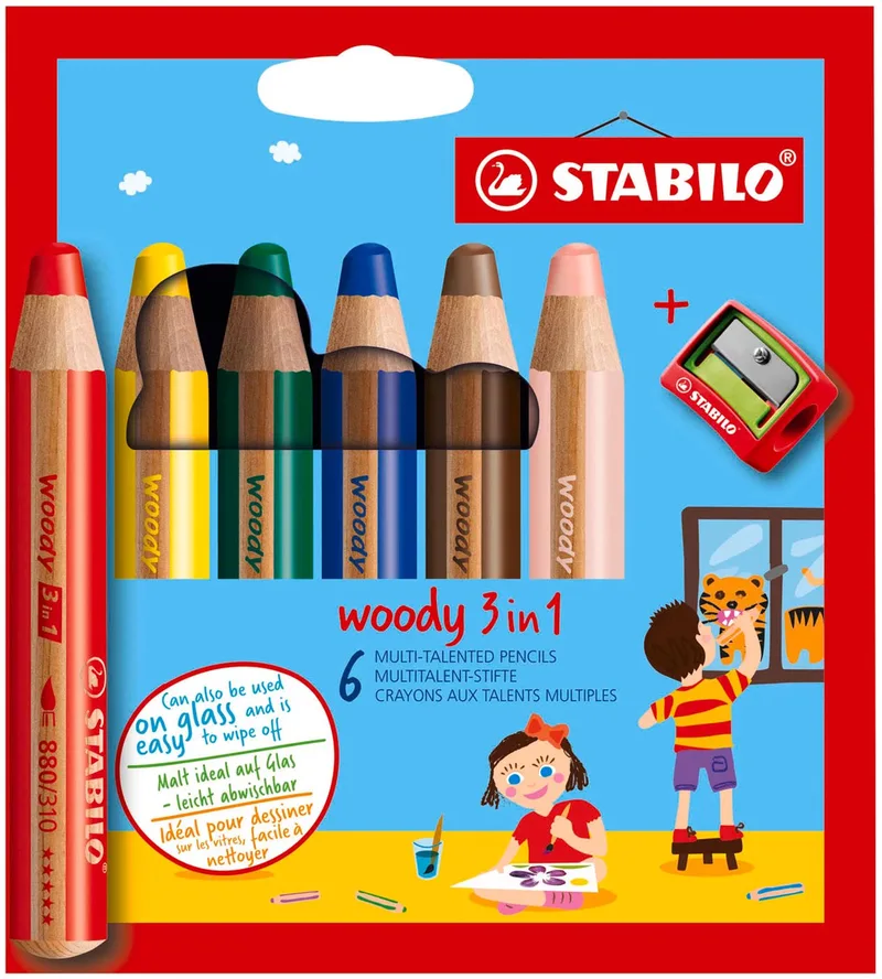 woody 3 in 1 - Multi Talent Kleurpotloden - Etui Met 6 Kleuren + puntenslijper de Stabilo en Multicolor + Puntenslijper – photo produit