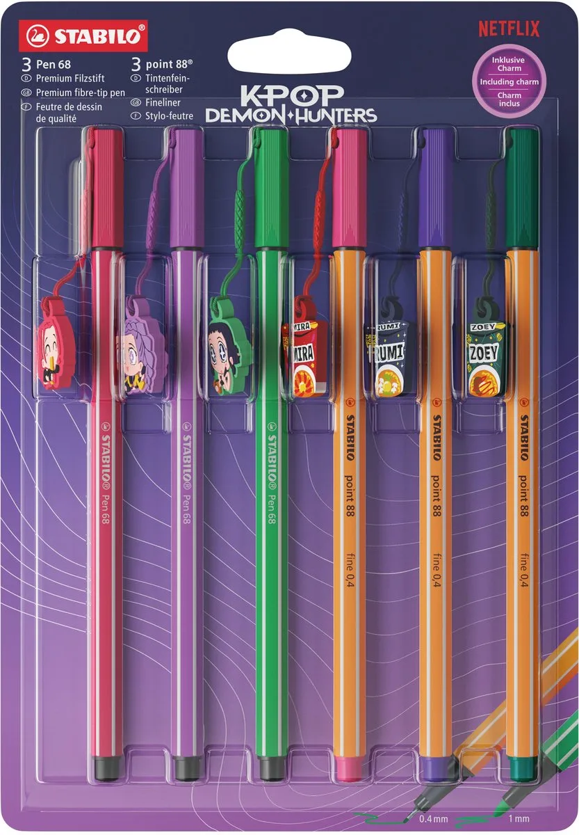 x KPop Demon Hunters Pen 68 & point 88 - Viltstift & Fineliner + KPop Charm - Blister Met 6 Stuks de Stabilo en Multicolore – photo produit