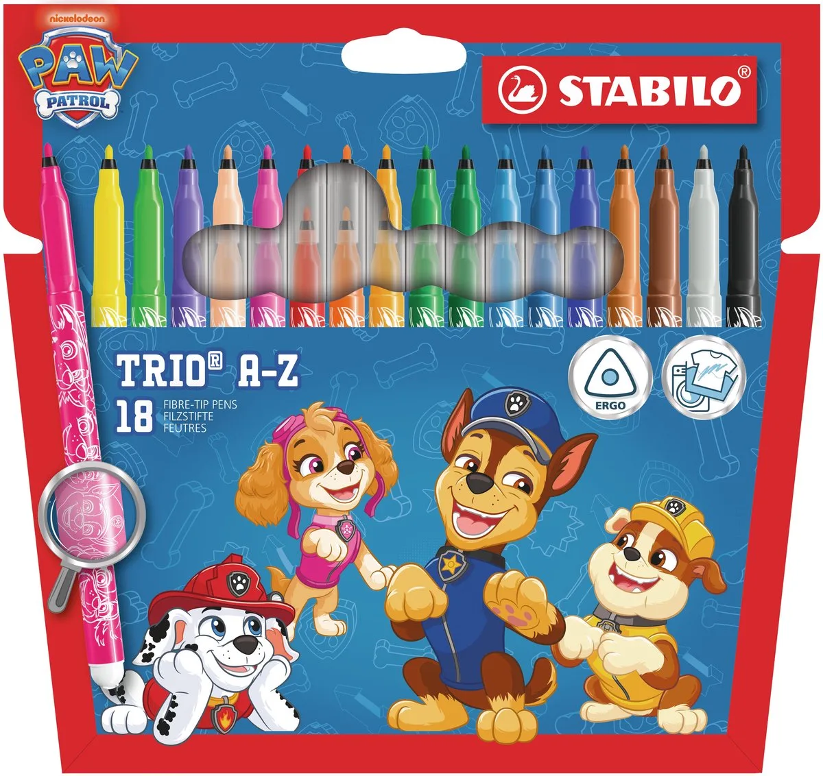 x PAW Patrol Trio A-Z - Viltstift - Met Ergonomische Driekantige Gripzone - Etui Met 18 Kleuren by Stabilo in Multicolour – product photo