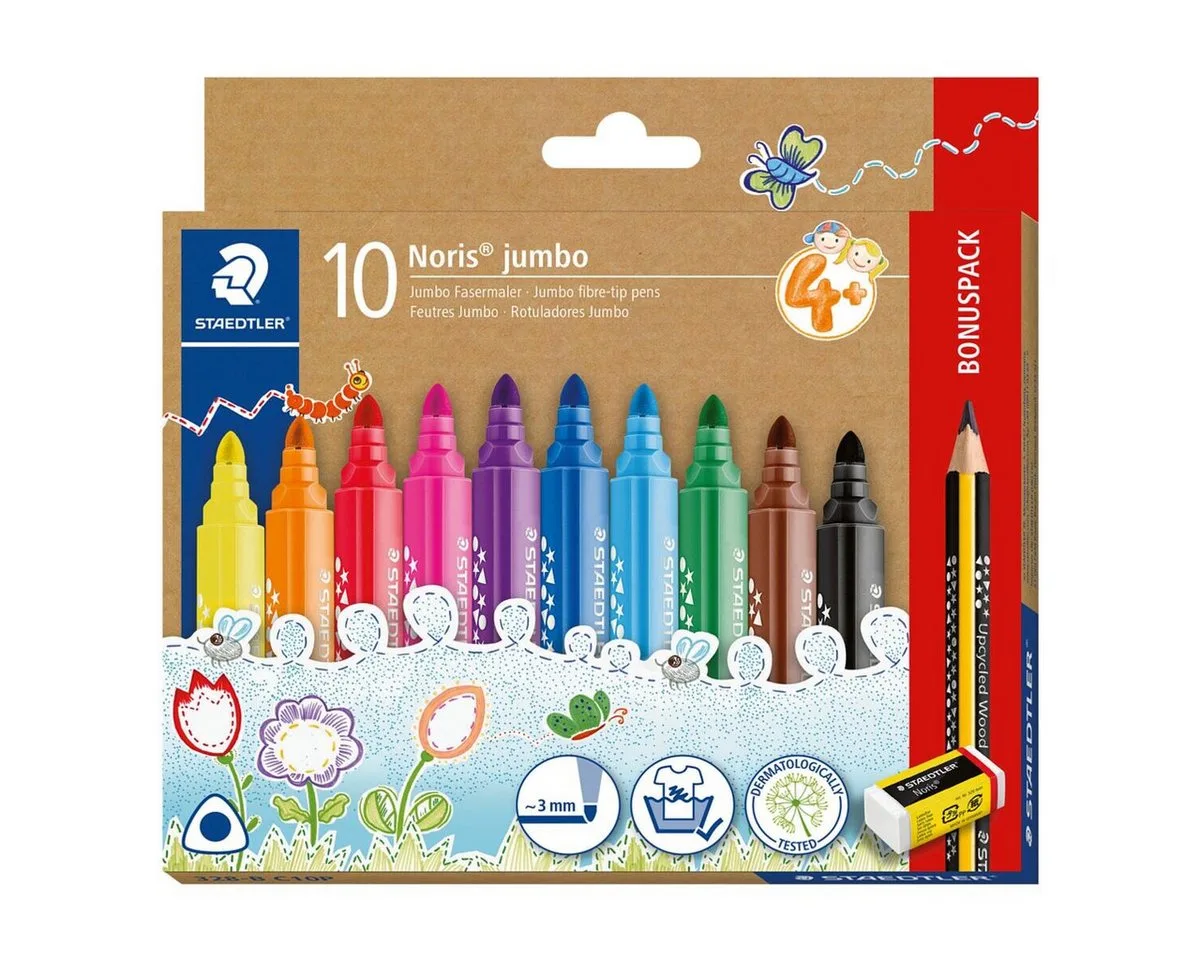 Filzstift Noris jumbo, (10-tlg), 10er-Set van Staedtler in Blauw, Bruin, Meerkleurig, Geel, Groen, Paars, Rood, Zwart – productfoto