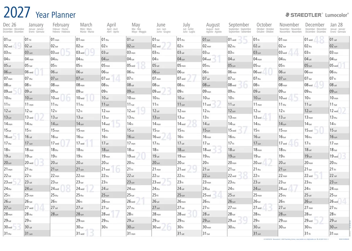 Jaarplanner 2027 formaat 840 x 600 mm fra Staedtler i Hvid – produktbillede