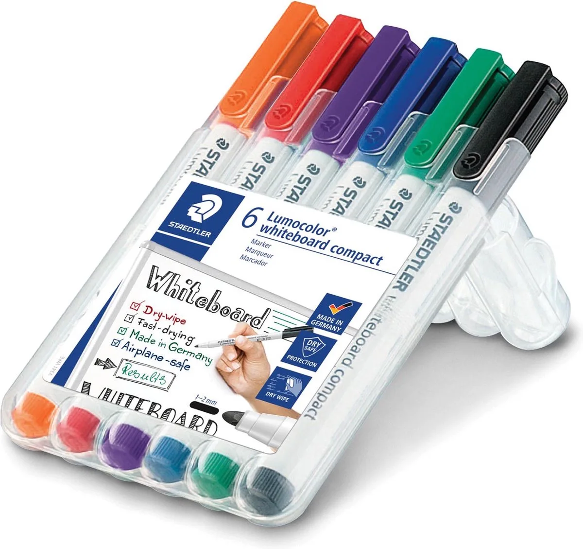 whiteboardmarker Lumocolor Compact, opstelbare box met 6 stuks in geassorteerde kleuren 10 stuks de Staedtler en Assortiment aan kleuren – photo produit