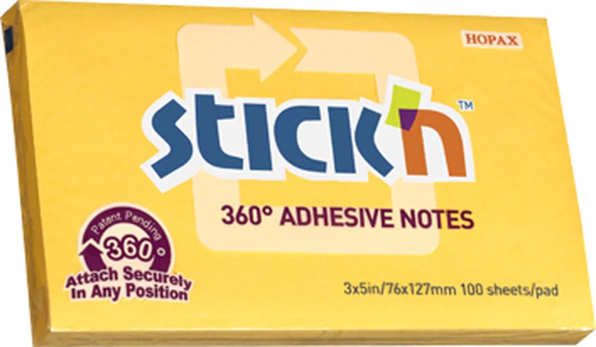 Adhesive Notes - 360 Graden - Lijmrand - Sticky Notes - 76x127mm - 100 Memoblaadjes van Stick'n in Geel – productfoto