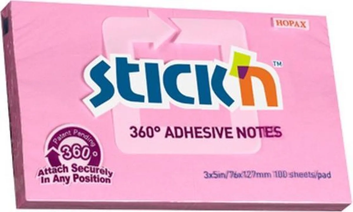 Adhesive Notes - 360 Graden - Lijmrand - Sticky Notes - 76x127mm - 100 Memoblaadjes van Stick'n in Roze – productfoto