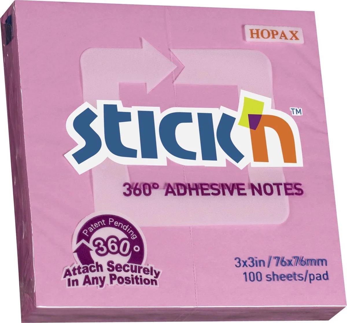 Adhesive Notes - 360 Graden Lijmrand - Sticky Notes - 76x76mm - 100 Memoblaadjes by Stick'n in Pink – product photo