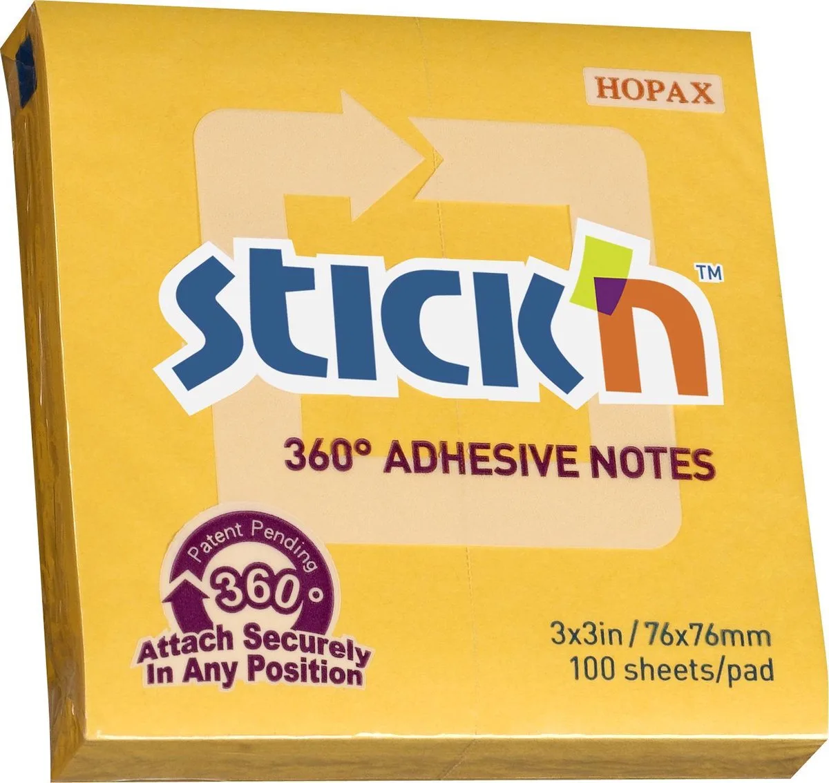 Adhesive Notes - 360 Graden Lijmrand - Sticky Notes - 76x76mm - 100 Memoblaadjes van Stick'n in Goudgeel – productfoto