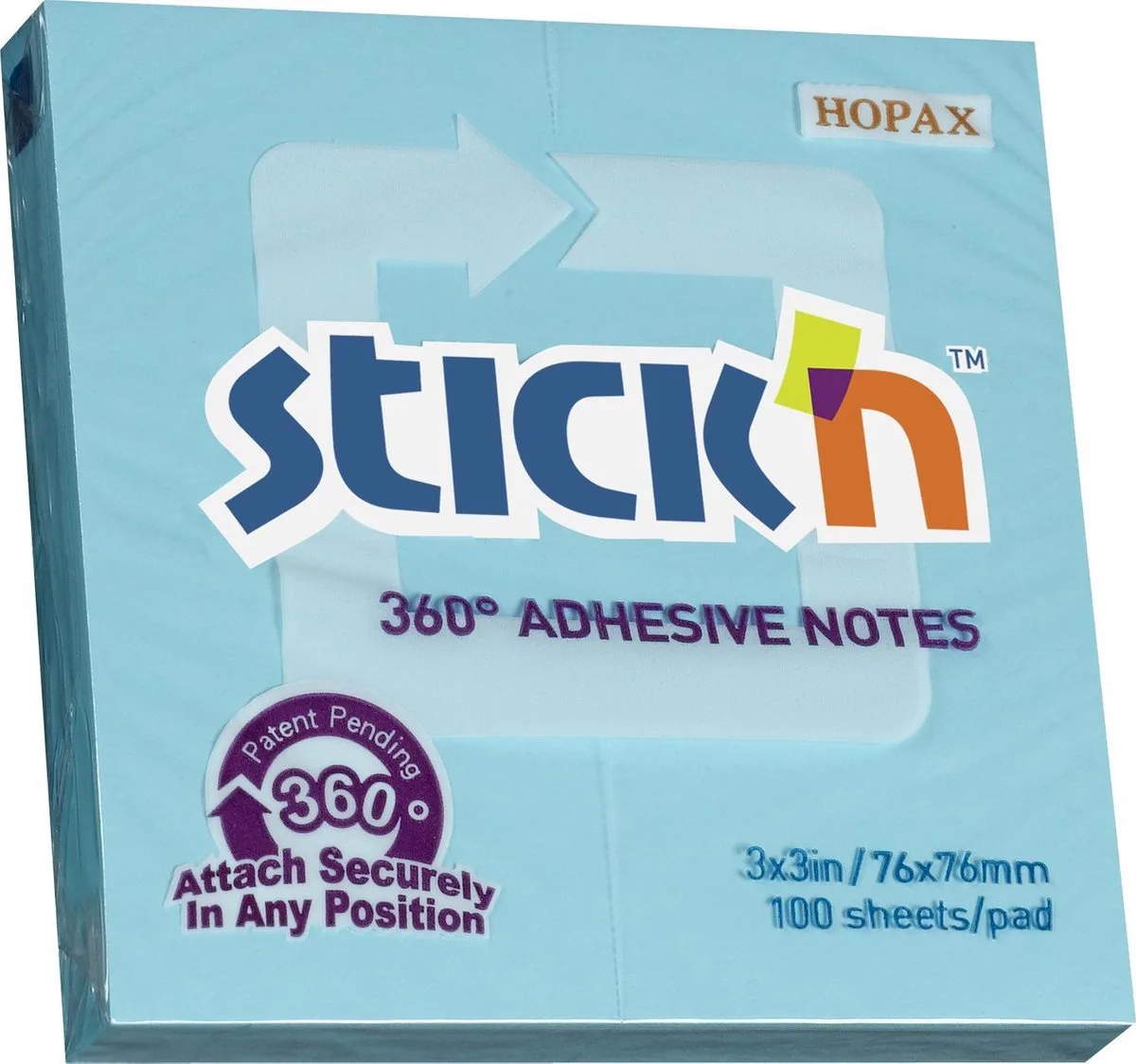 Adhesive Notes - 360 Graden Lijmrand - Sticky Notes - 76x76mm - 100 Memoblaadjes van Stick'n in Blauw – productfoto