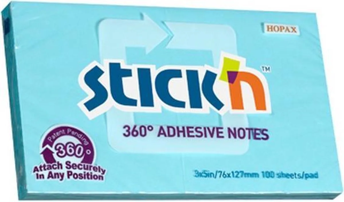 Adhesive Notes - 360 Graden - Lijmrand - Sticky Notes - Memoblok - 76x127mm - 100 Sheets van Stick'n in Blauw – productfoto