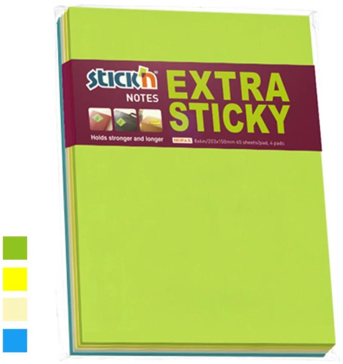 Big Note - extra sticky notes - 203 x 152mm - 4 memoblokken á 45 zelfklevende meeting notes van Stick'n in Neon groen – productfoto