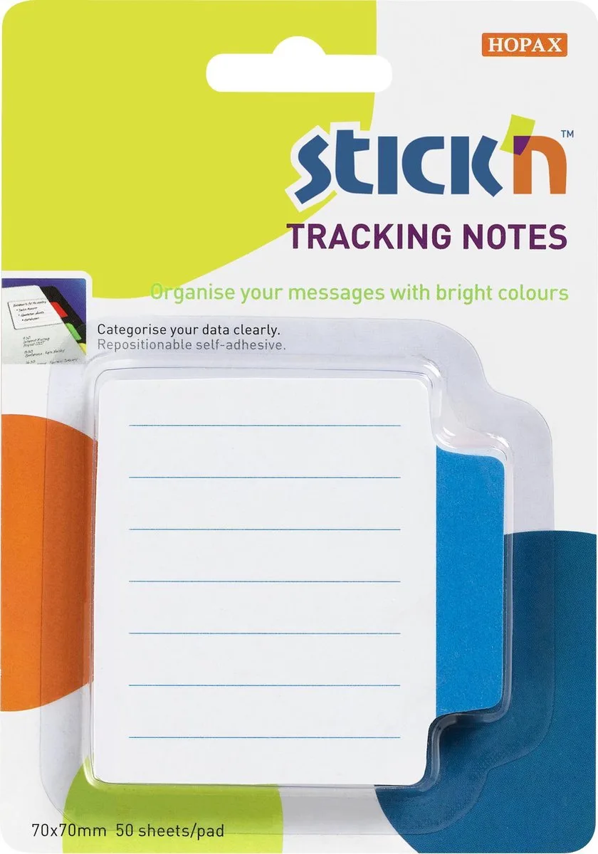 Bladwijzer - Bookmark - Sticky Notes - 70x70mm - Gelinieerd - 50 Blauw Index tabs van Stick'n in Wit gelijnd blauw bedrukt – productfoto