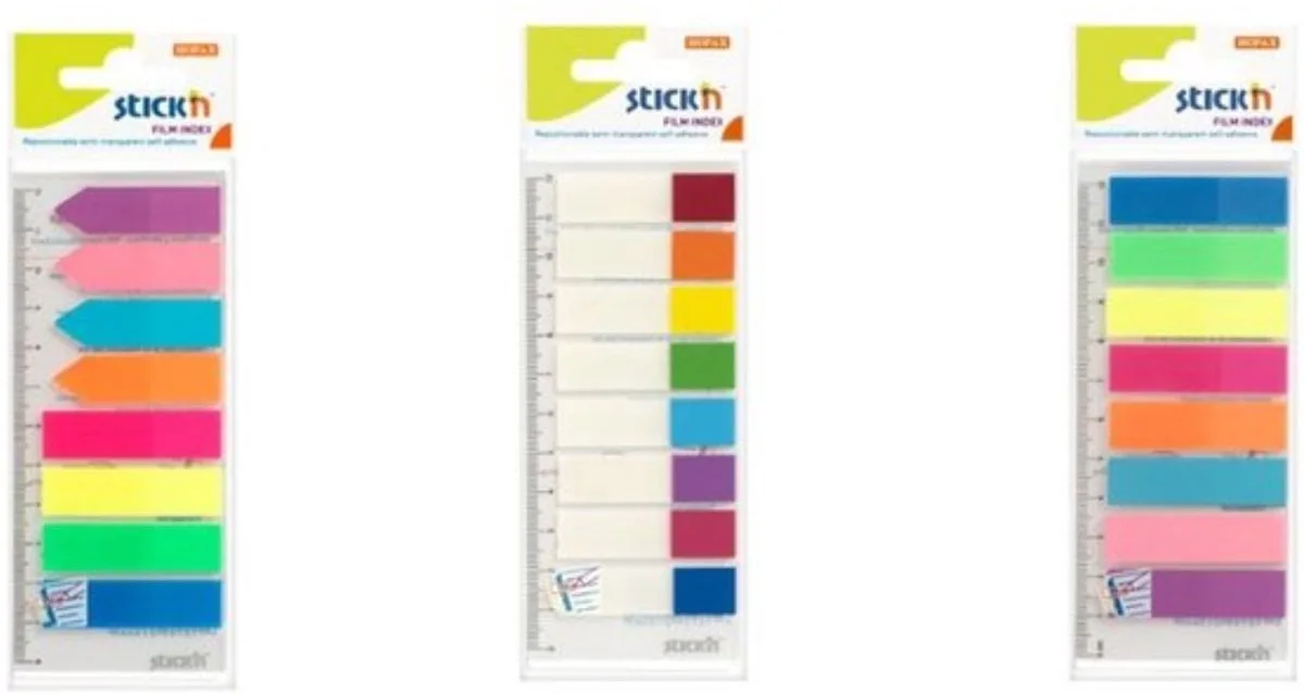 Bladwijzers - 3-Pack - 45x12mm op flexibele liniaal, 520 index tabs totaal van Stick'n in Neongeel – productfoto