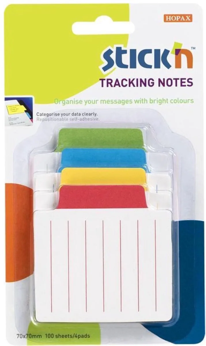 Bladwijzers - Bookmark - sticky notes, 70x70mm, gelijnd, 4x25 index tabs van Stick'n in Wit gelijnd rood bedrukt – productfoto