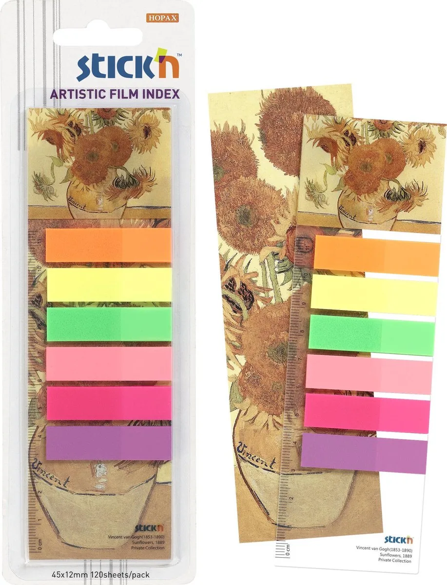 Boekenlegger - Van Gogh sunflowers - 120 index tabs - Liniaal van Stick'n in Neon – productfoto