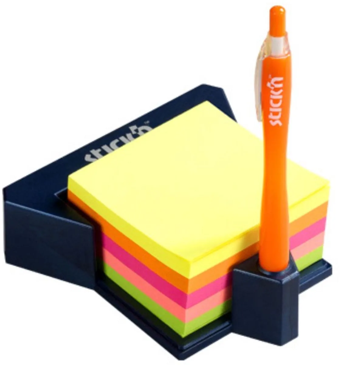 Bureauhouder Memokubus - Pennenhouder - 76x76mm - 5 Kleuren - 400 Sticky Notes van Stick'n in Neon – productfoto
