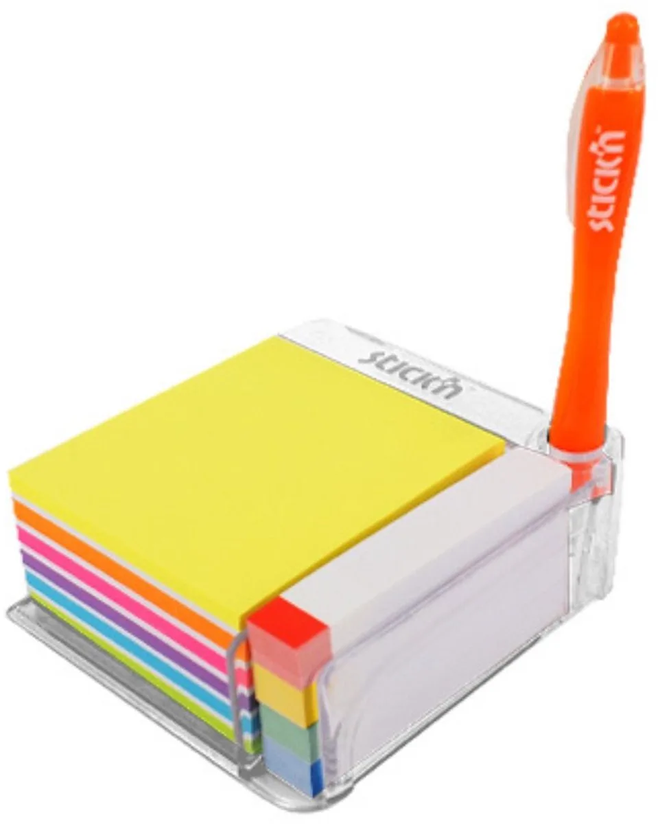 Bureauhouder Memokubus - Sticky Notes - 76 x 76 mm - 400 Memoblaadjes - 380 Index Tabs van Stick'n in Transparant – productfoto