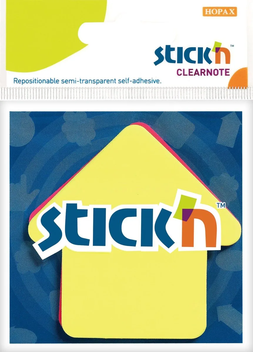 Clear Notes - Doorzichtige Sticky Notes - Pijl Vorm - 76x76mm - 30x Geel - 30x Magenta van Stick'n in Doorzichtige grote pijl geel – productfoto