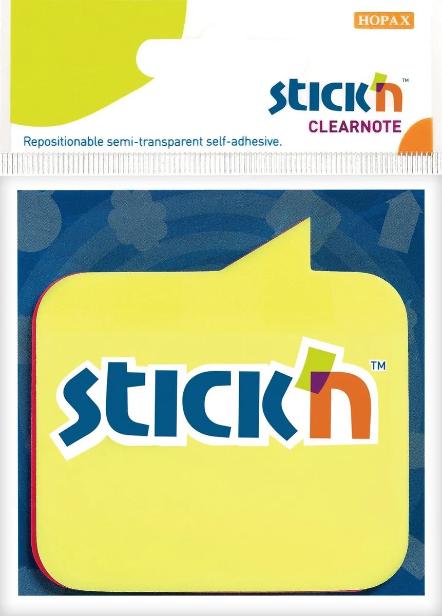 Doorzichtige sticky notes - tekstballon vorm - 76x76mm - Geel - Magenta - 60 notes van Stick'n in Doorzichtig geel tekstvak – productfoto