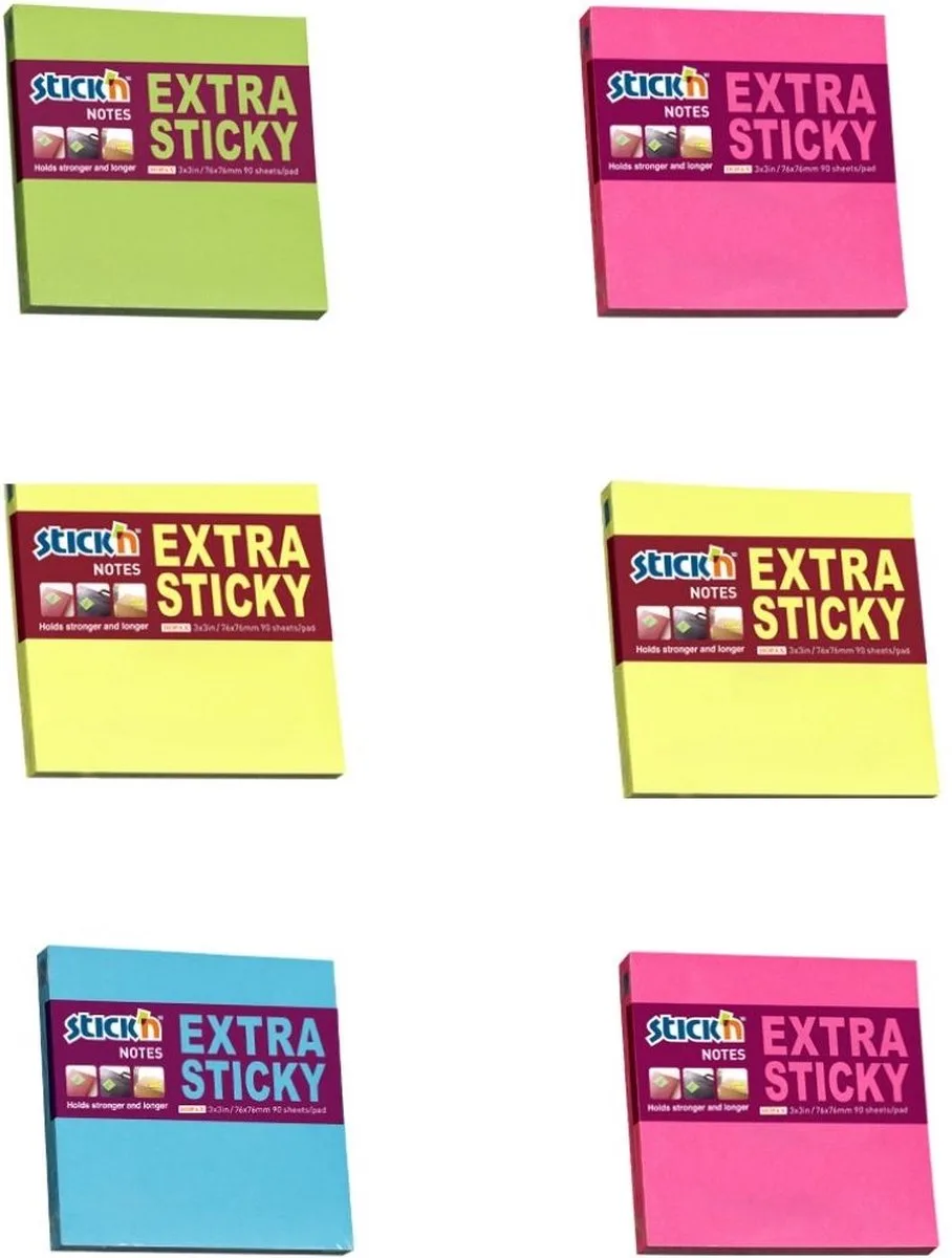 Extra Sticky Notes - 6-pack - 76x76mm - 90 memoblaadjes per blok de Stick'n en Neon geel – photo produit