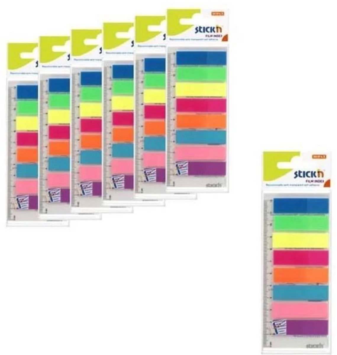 Film Index - 6-pack - 45x12mm op flexibele liniaal - Totaal 1200 index tabs van Stick'n in Blauw – productfoto