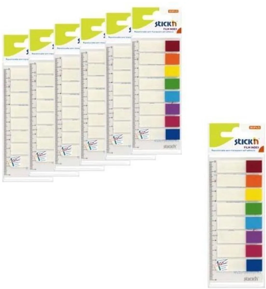 Film Index tabs - 6-pack - 45x12mm op flexibele liniaal, totaal 720 bladwijzers von Stick'n in Transparant rood bedrukt – Produktfoto