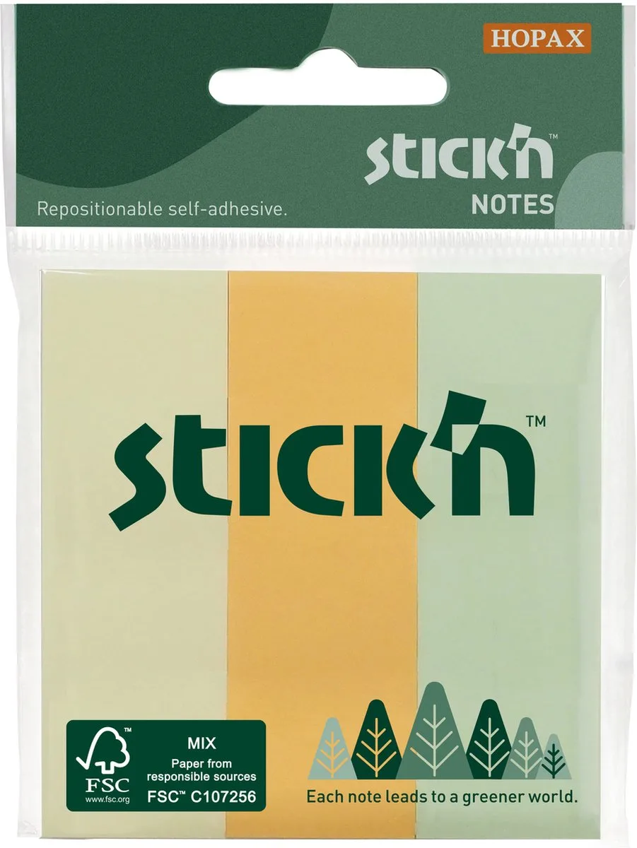FSC Sticky Notes - Smalle Stroken - Pastel Geel/Oranje/Groen - 76x25mm - 150 memoblaadjes van Stick'n in Pastel geel – productfoto