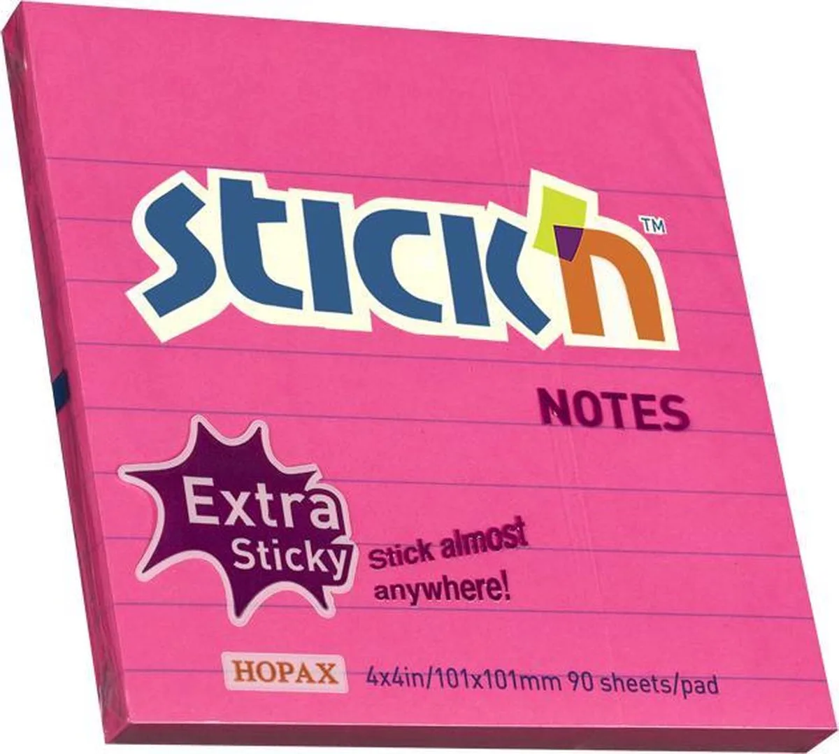Grote Sticky Notes - 101x101mm - Extra Sticky - Neon - Gelinieerd - 90 Memoblaadjes van Stick'n in Magenta – productfoto