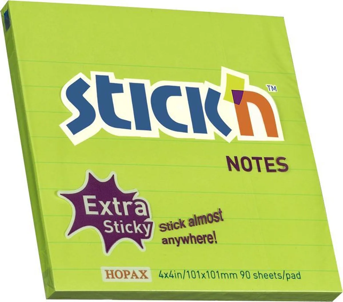 Grote Sticky Notes - 101x101mm - Extra Sticky - Neon - Gelinieerd - 90 Memoblaadjes van Stick'n in Groen – productfoto