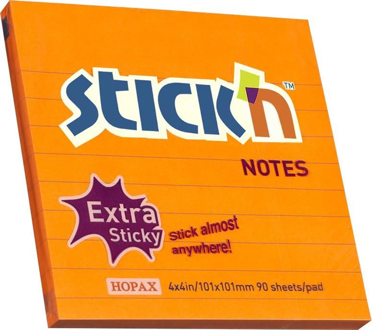 Grote Sticky Notes - 101x101mm - Extra Sticky - Neon - Gelinieerd - 90 Memoblaadjes van Stick'n in Oranje – productfoto