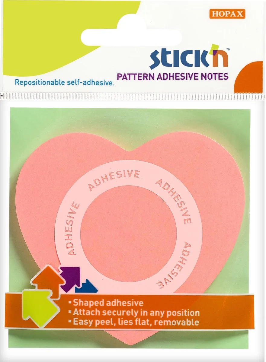 Hartvormig Memoblok - 360 Graden Lijmrand - 70x70mm - Neon Roze - 50 Stuks van Stick'n in Neongeel – productfoto