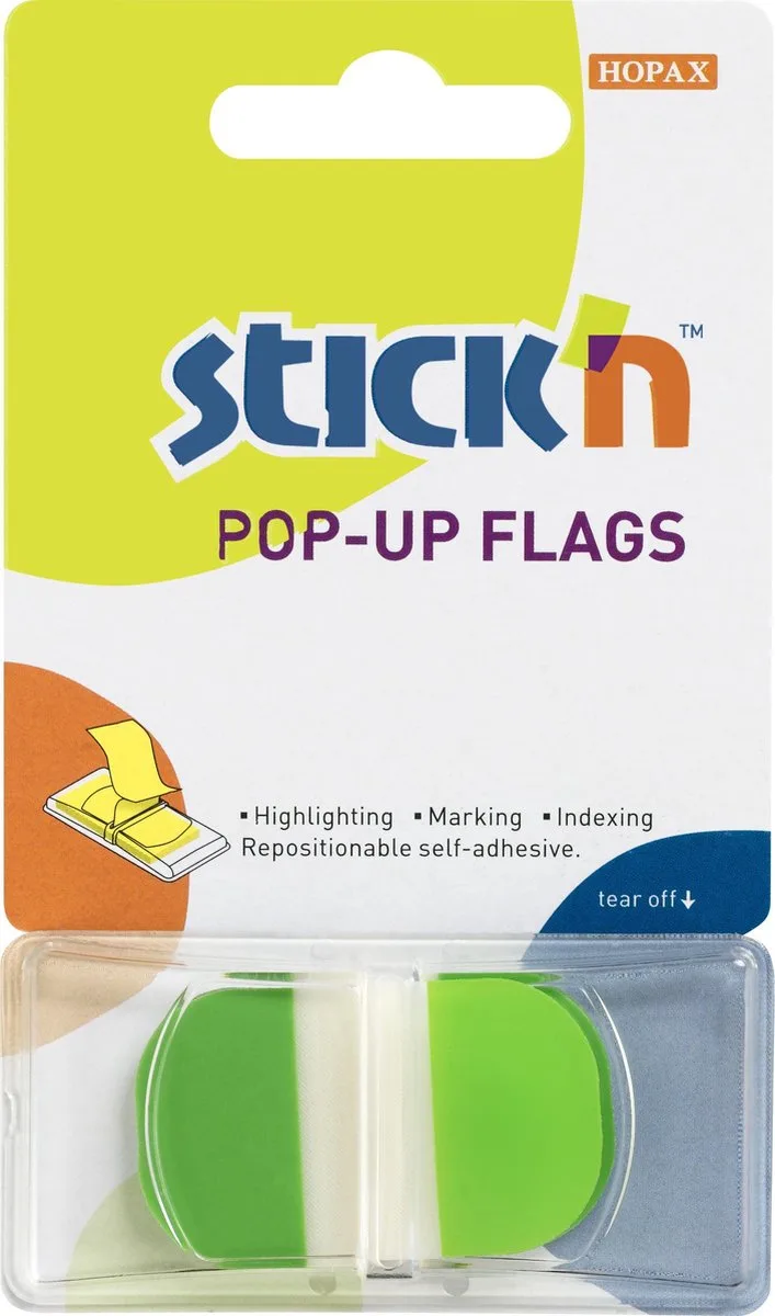 Index Tabs - 45x25mm - Neon Groen - Transparant - Ronde Hoeken - 36 Sticky Notes van Stick'n in Groen rond – productfoto