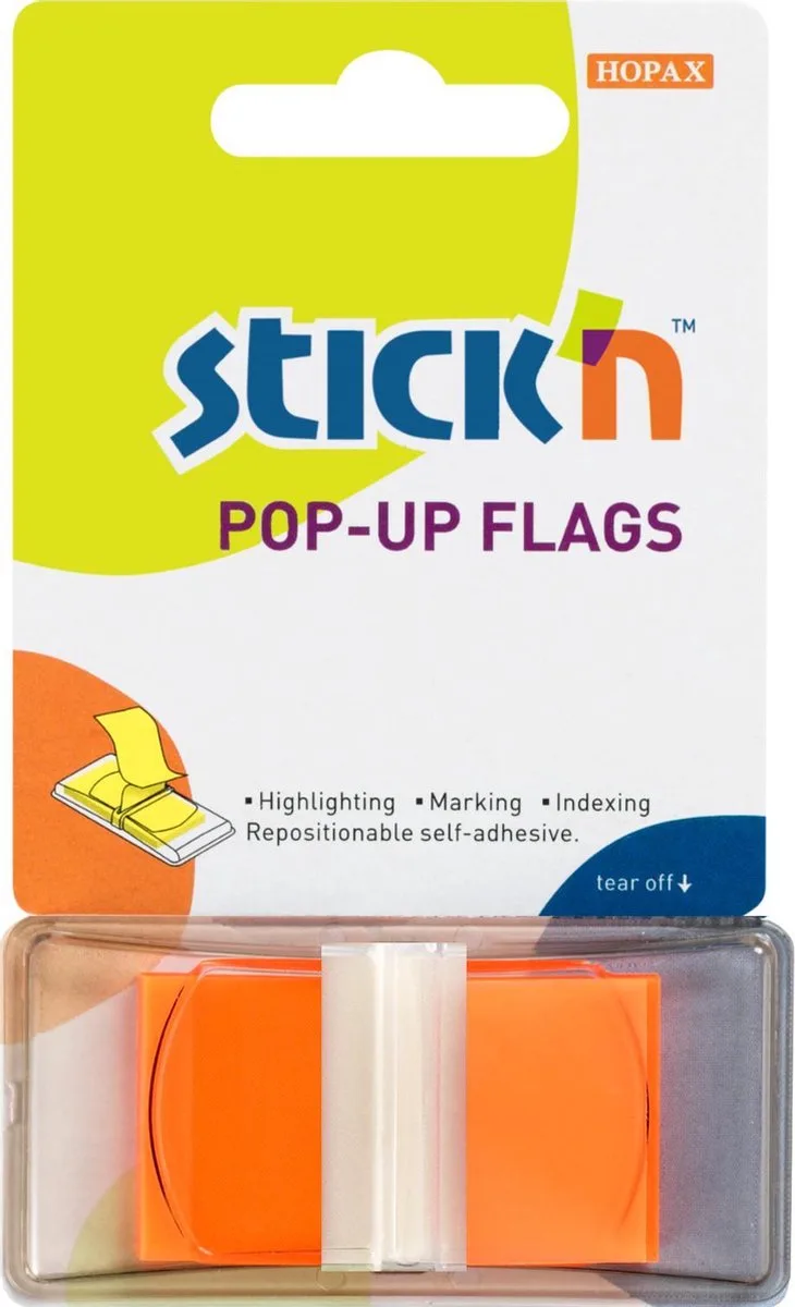 Index Tabs - 45x25mm - Neon Oranje - Transparant - Rechthoekig - 50 Sticky Notes 1234 van Stick'n in Transparant oranje bedrukt – productfoto