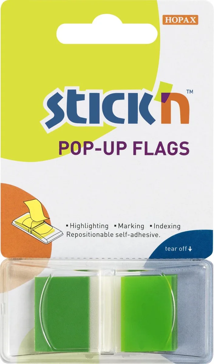 Index Tabs - 45x25mm - Neon Transparant Groen - Rechthoekig - 50 Sticky Notes van Stick'n in Transparant groen bedrukt rechthoekig – productfoto