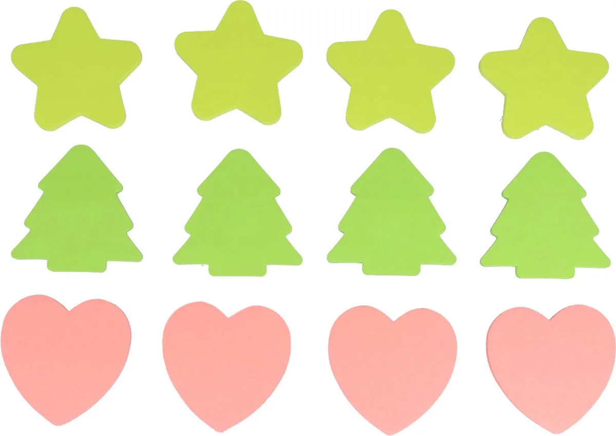 kerstpakket sticky notes, hart, ster, kerstboom - 12 memoblokjes totaal van Stick'n in Roze, Groen, Geel – productfoto