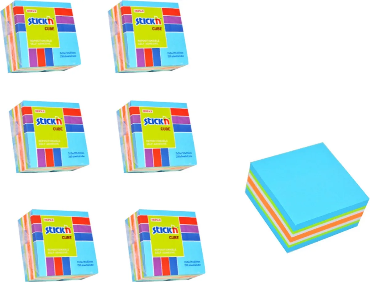 Kleine Kubus - 6 pack - 50x50mm, neon/pastel mix 250 sticky notes van Stick'n in Blauw – productfoto
