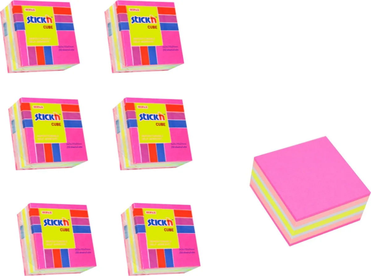 Kleine Kubus - 6 pack - 50x50mm, neon/pastel mix 250 sticky notes van Stick'n in Roze – productfoto