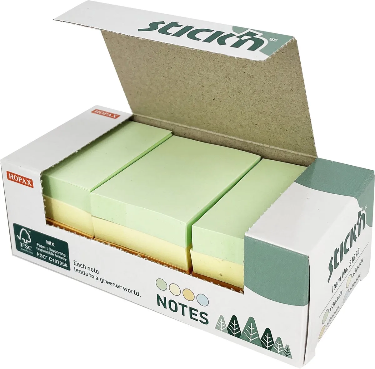 Kleine sticky notes - FSC - 4 pastel kleuren - 38x51mm - 12 memoblokken von Stick'n in Pastel groen – Produktfoto
