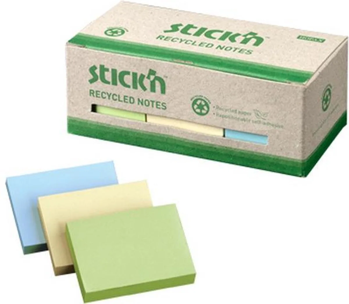kleine Sticky Notes - Recycled - 38x51mm - 3 Pastel Kleuren - 12 stuks von Stick'n in Pastel geel – Produktfoto