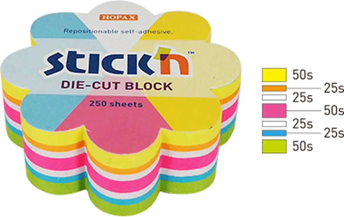 Kubus memoblok - Bloem vorm - Verschillende kleuren - 70 x 70 mm - 250 Sticky notes van Stick'n in Meer kleurig bloem – productfoto