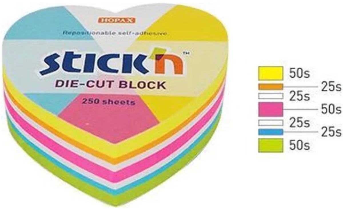 Kubus memoblok - Hartvormig - Verschillende kleuren - 64 x 67 mm - 250 Sticky Notes van Stick'n in Meer kleuring hart – productfoto
