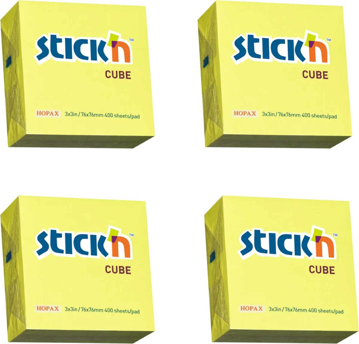 Kubus sticky notes - 4 pack - 76x76mm, memoblok 1600 memoblaadjes de Stick'n en Neon Geel – photo produit